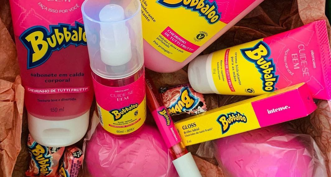 O Boticário lança linha de produtos com cheiro de chiclete, uma parceria com Bubbaloo