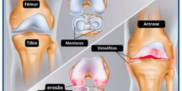 Joelho saudável comparado a joelho com desgaste de cartilagem